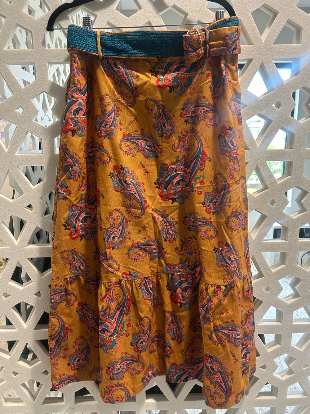 Paisley Tiered Midi Skirt in Mustard with Teal Waistband